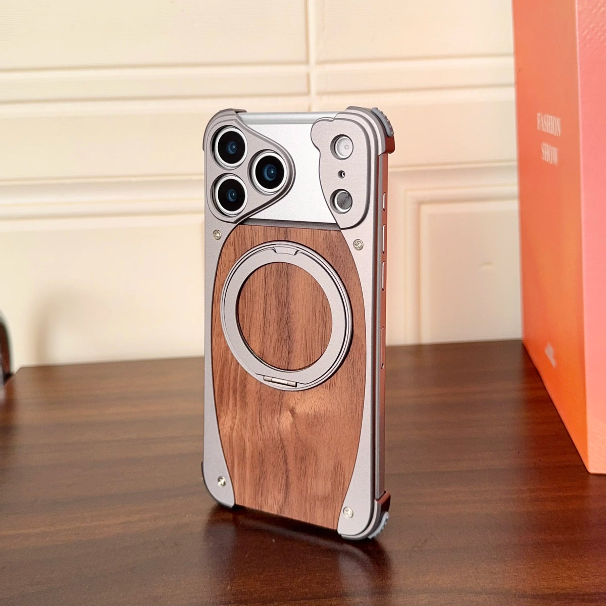 Luxury Metal Frame Walnut Wood Frameless Phone Case For iPhone 18 17 16 15 14 Pro Max Magsafe Magnetic Rotating Bracket Cover