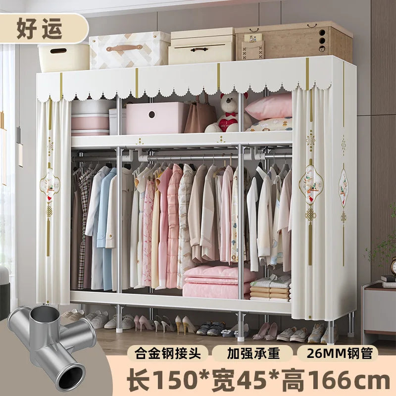 Simple Wardrobe Household Bedroom Assembly Cloth Wardrobe Steel Pipe Bold Reinforcement Strong and Durable Cloth Wardrobe