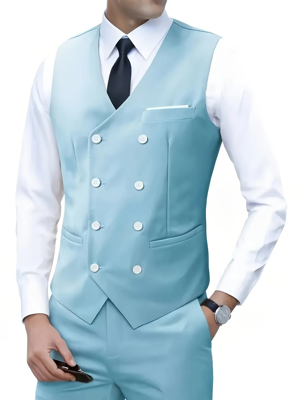Men Double Breasted Vest British Style Slim Fit Business Formal Waistcoat High Quality Suit Vest Multiple Colors