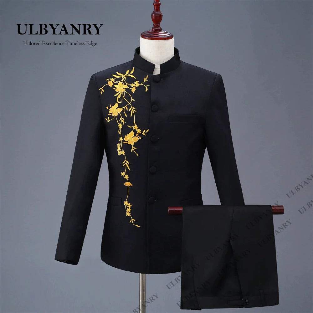 ULBYANRY Traditional Suit Set for Men, Stand Collar Single Row Suit, Wedding Groom Suits Men's Slim Fitting Tuxedo Jacket Pants