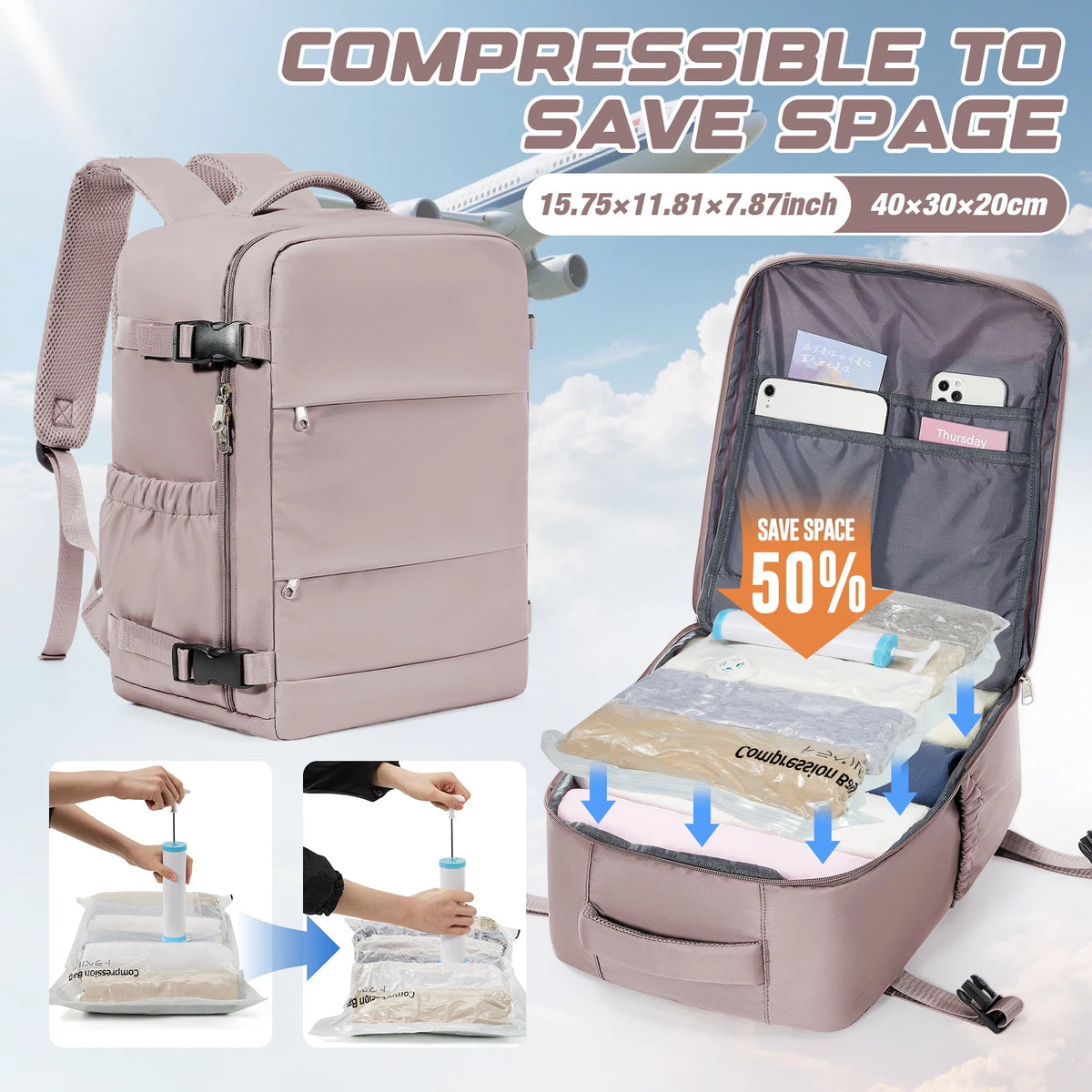Clothing Storage Bag Personal item storage Backpack Ryanair Backpack 40x30x20 Cabin Bag, Vacuum Storage Bag With Manual Pump