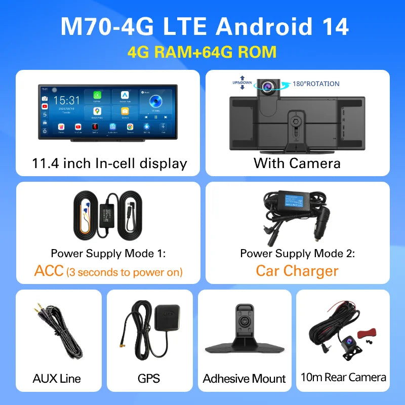 Imagebon M70 11.4" 4G Android 14 8+128G Dashcam 8 Core Wireless CarPlay & Android Auto Split Screen Remote Monitoring Car DVR