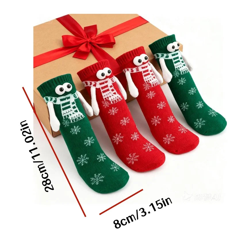 4 Pairs of Autumn and Winter Christmas-Themed Magnetic Holding-Hands Quirky Mid-Calf Socks, Pure Cotton Breathable Versatile Trendy Christmas Socks