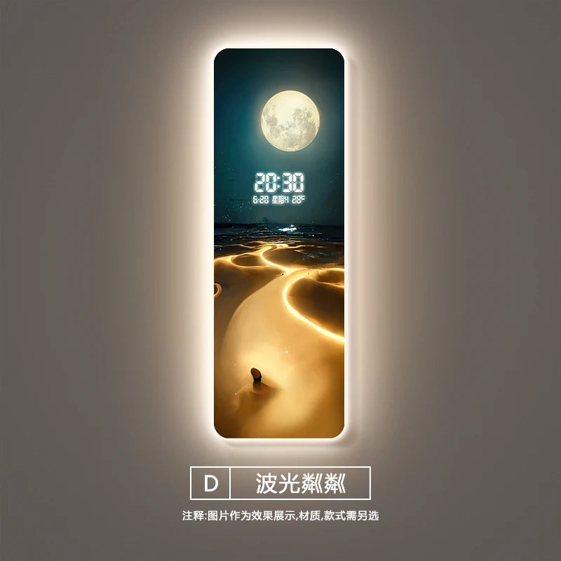 Wave painting, living room clock, moon digital display, intelligent electronic clock, entrance decoration, painted lights