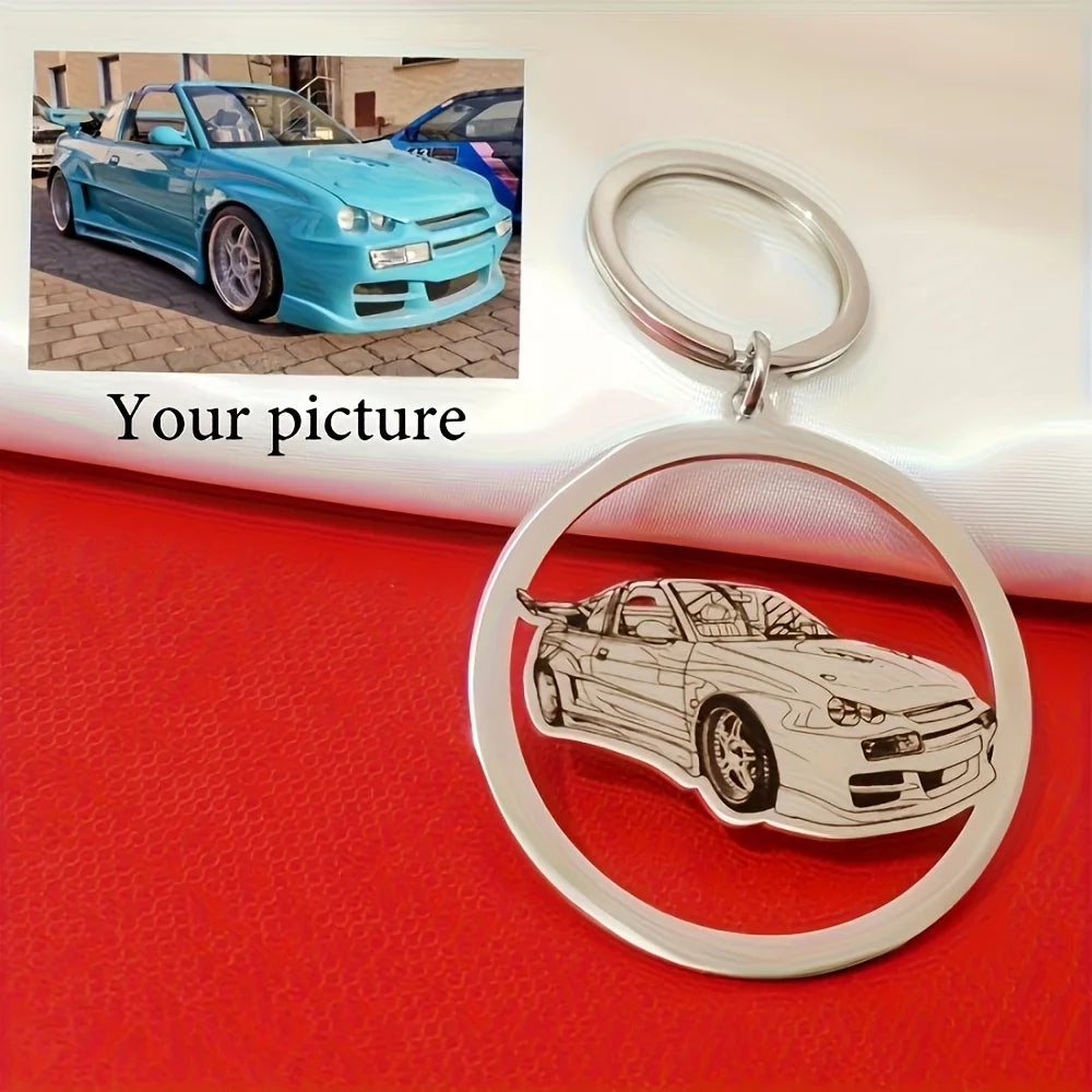 Stainless Steel Round Custom Keychain, Customized with Cartoon Photos of Sports Cars, Motorcycles, and Bicycles, Fashionable Keychain for Racing Enthusiasts and Men