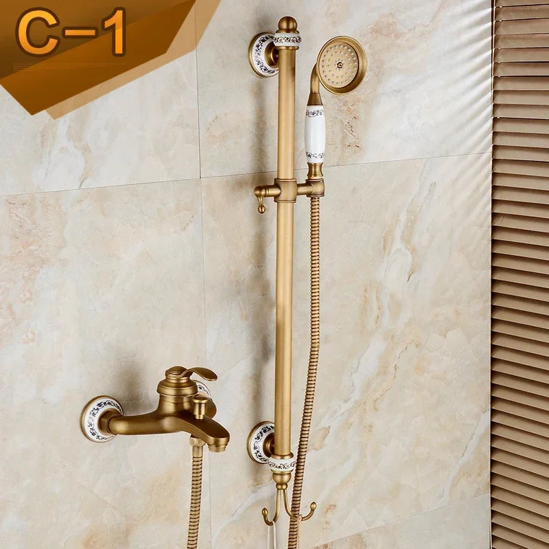 Brass Luxury Bathroom Shower Antique Bronze Finished Wall Mounted Lifting Bathroom Shower Mixer Set Portable Shower