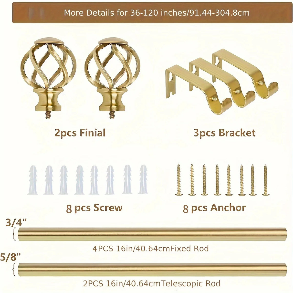 1PC Gold Curtain Rod with Twisted Cage Finials, 3/4" Adjustable Heavy Duty Window Treatment Rods for Living Room, Bedroom