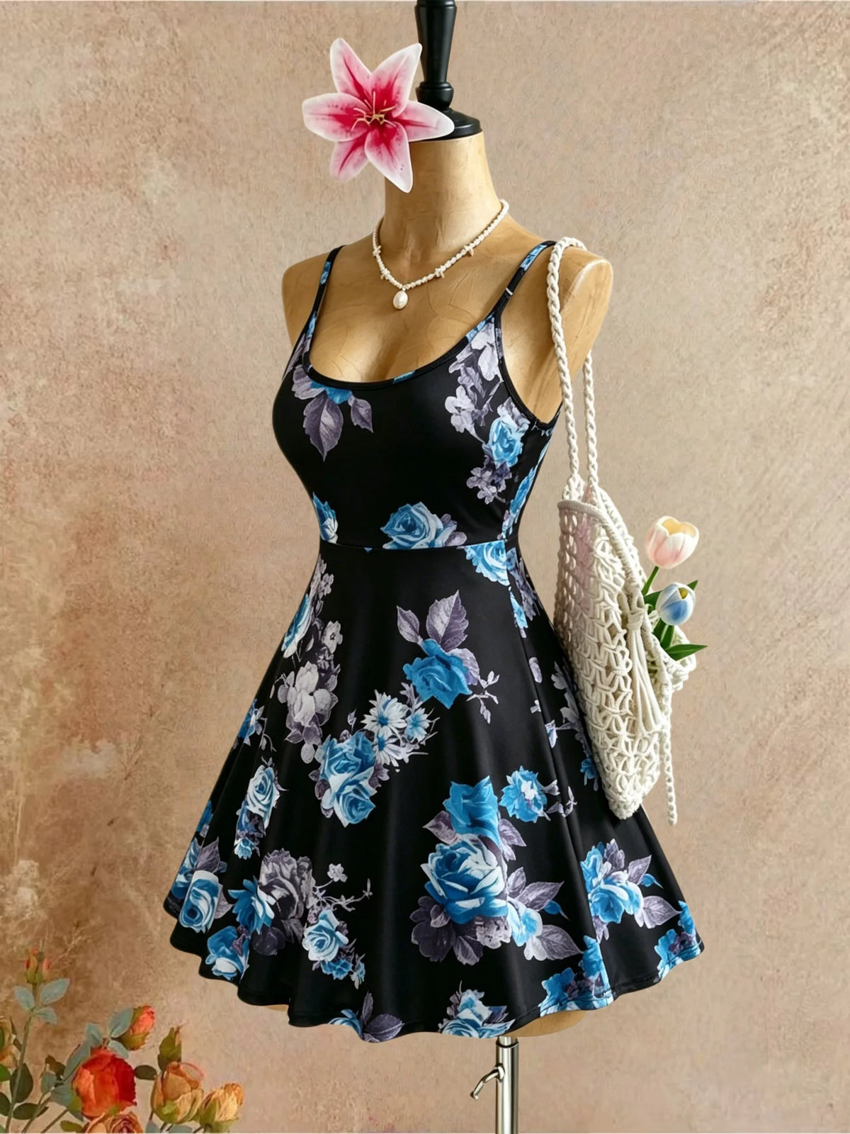 Women Spaghetti Strap U Neck Blue Floral Print High Waist Swing Mini Dress 2026 Summer Y2K Black Background Sleeveless Beach Vac