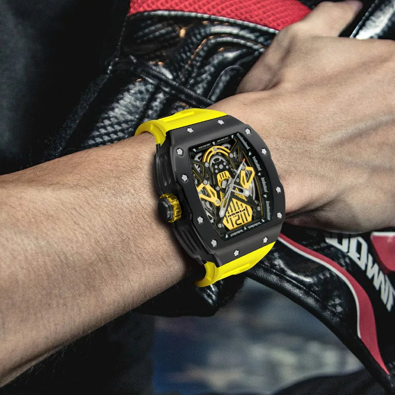 PINDU Design Automatic Watch For Men Hollow Mechanical Luminous Waterproof Casual Business Brand Wine barrel Wristwatch