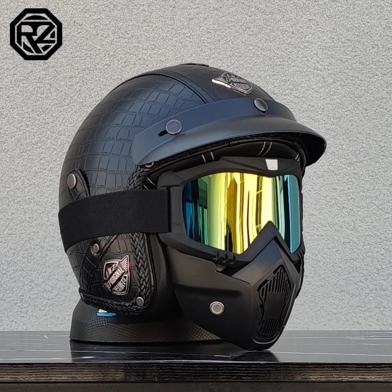ORZ New PU Leather 3/4 Retro Cruising Motorcycle Helmet Summer Scooter Half Helmet with Mask Windshield DOT Approval