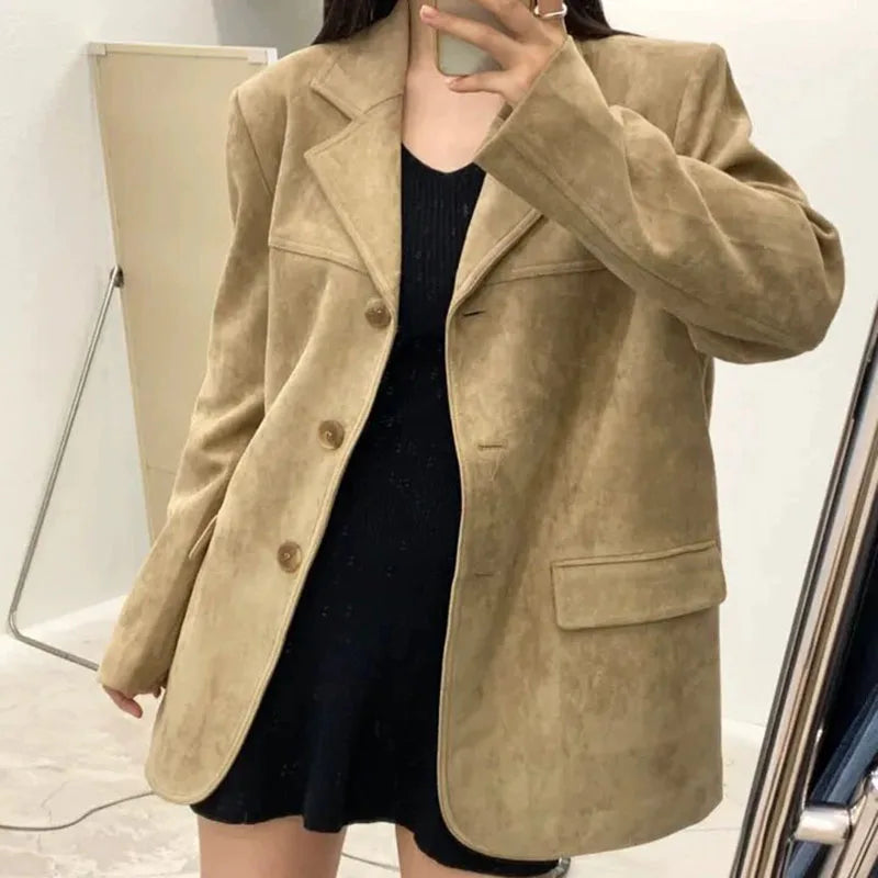Vintage Suede Autumn Winter Jacket Female Streetwear Loose Long Sleeve Lapel Outerwear New Fashion with Shoulder Pad Suit Coat