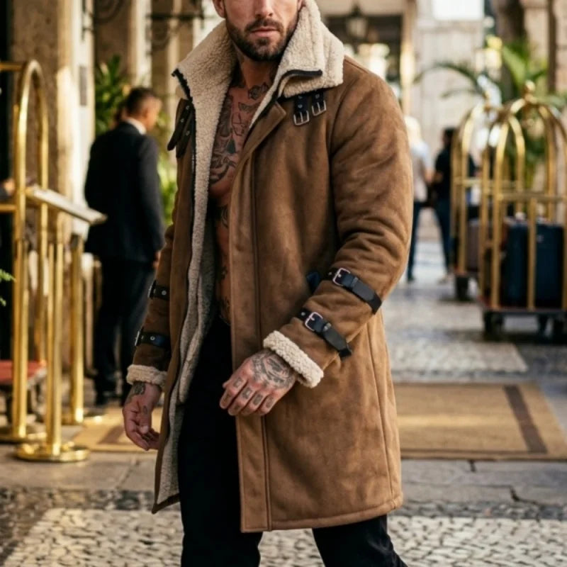 New Winter Windproof Jacket - Mid-length Warm Fleece Coat Double Collar Double-layered Outdoor Warm Coat Street Mens Jacket