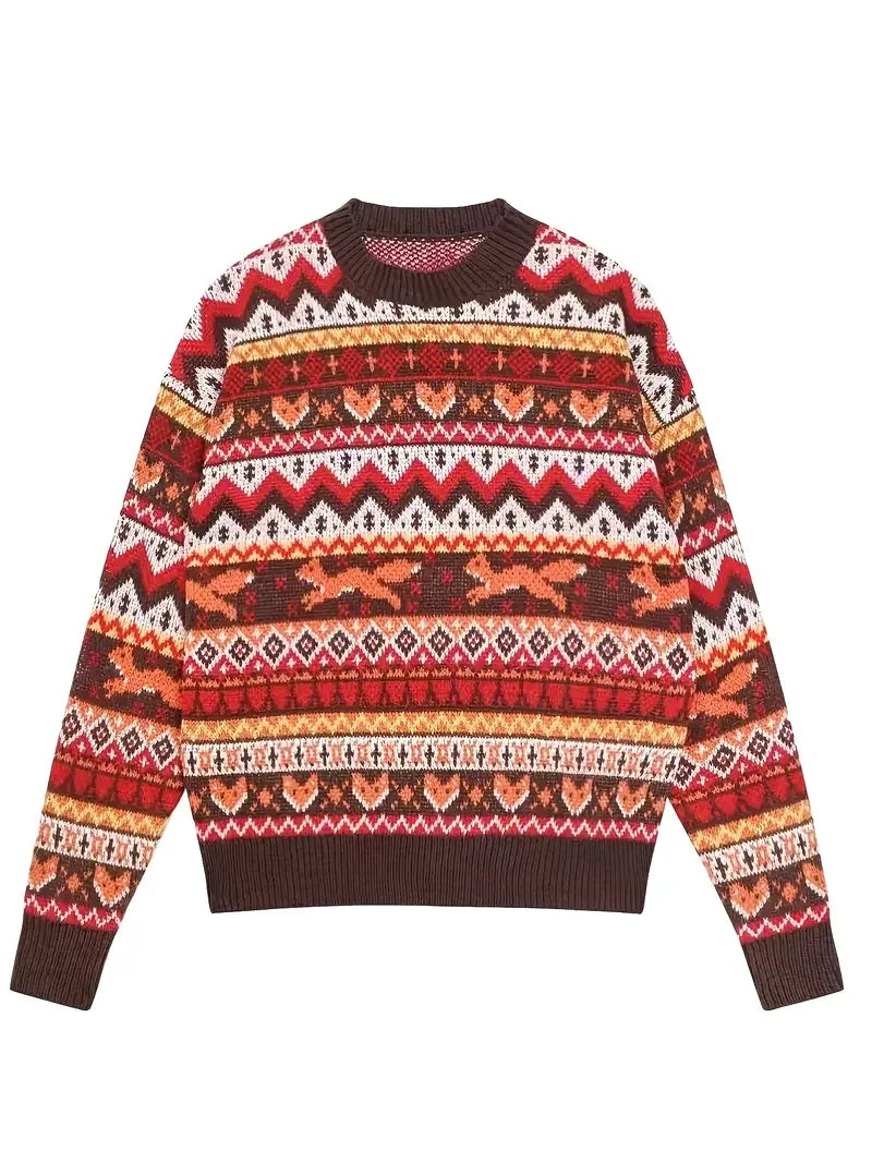 New Christman-themed autumn and winter cute animal fox pattern jacquard round-neck pullover sweater for women