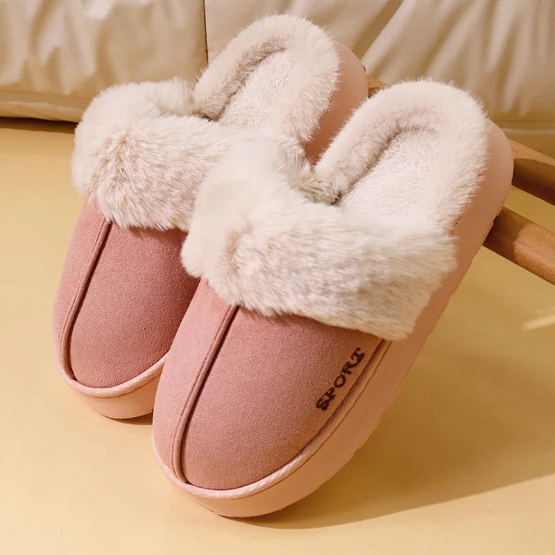 Winter Warm Sports Fluffy Slippers Women Thick Sole Non Slip Plush House Shoes Woman Fashion Faux Fur Platform Indoor Slippers