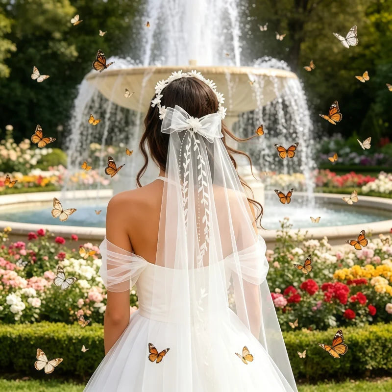 New Floral Wreath Veil Bridal Headband, Small Flower Wedding Hair Hoop with Sheer Veil for Bride Party Decor