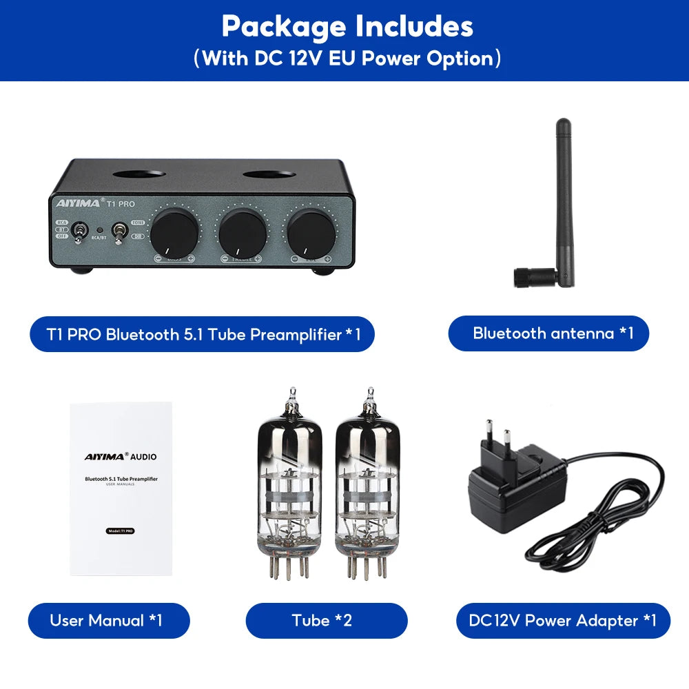 AIYIMA Audio T1 Pro Bluetooth Tube Preamplifier Hifi Stereo Amp Valve Vacuum With Treble&Bass Tone Control for Home Speakers