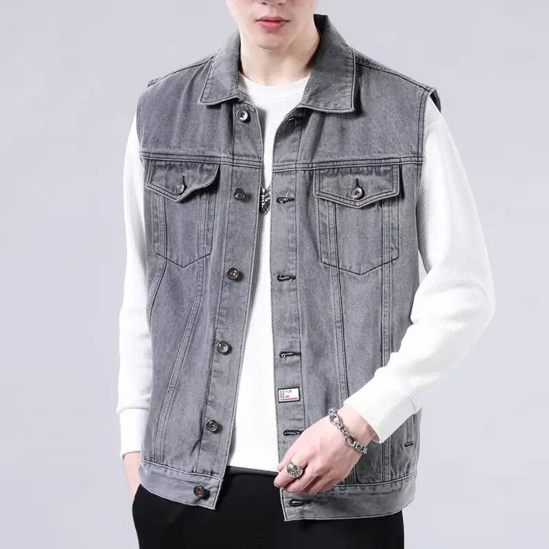 High end retro denim vest, men's sleeveless lapel, vest vest, vest, vest, vest, vest, vest, vest, multi pocket workwear