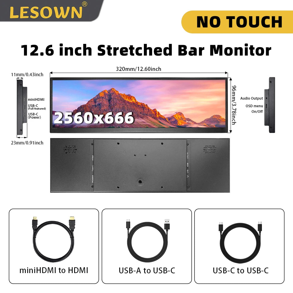 LESOWN 12.6 12.7inch 120Hz Secondary Screen FHD IPS Touch Monitor 2880x864 Stretched Bar LCD Display for Laptop Computer Windows