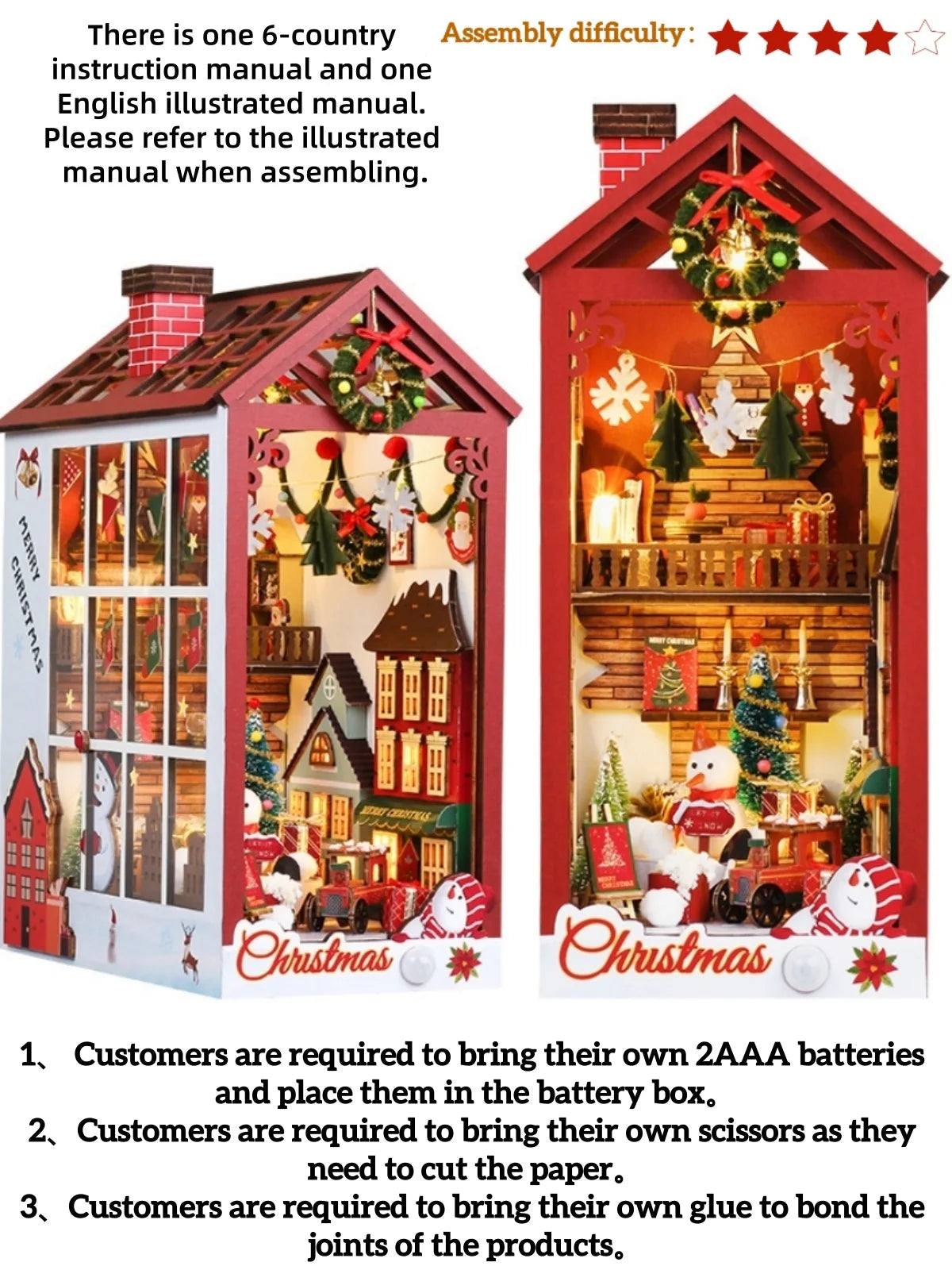 DIY Book Nook Kits, 3D Wooden Bookshelf Insert Decorative Bookend Model Kits ,DIY Winter Christmas Cabin Book Nook Kit