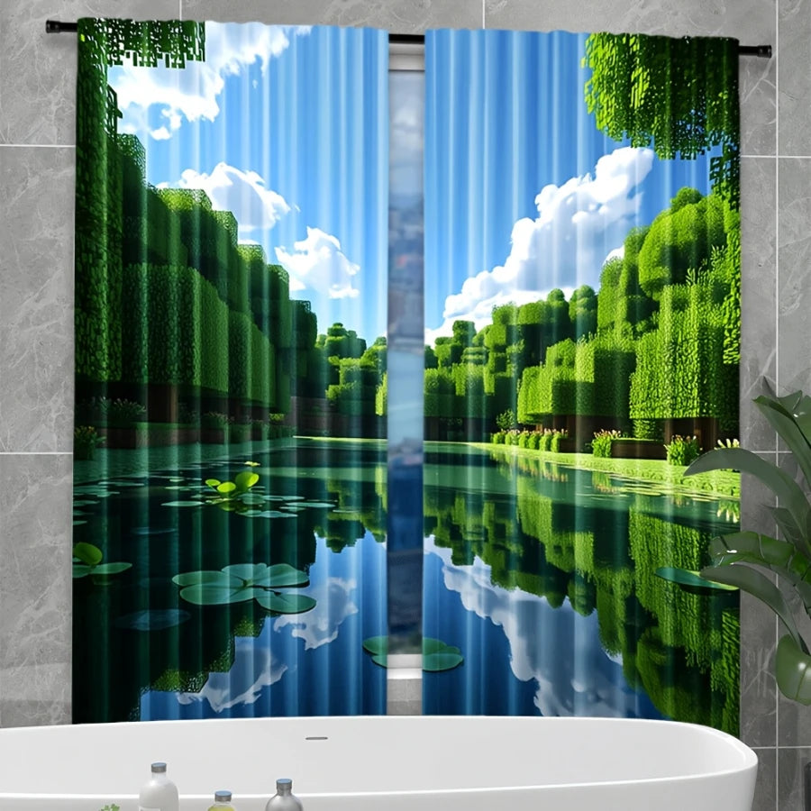 2PCS Digital Print Curtain, Pixel Art Green Forest Landscape Pattern, Gaming Style Scenery for Living Room Bedroom Home Decor