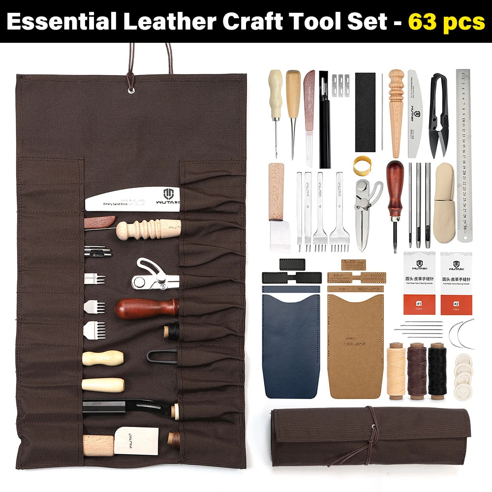 WUTA 63/74PCS Leather Craft Working Tools Kit for Beginners Tooling Sewing Punching Cutting for Professional Crafting DIY Repair