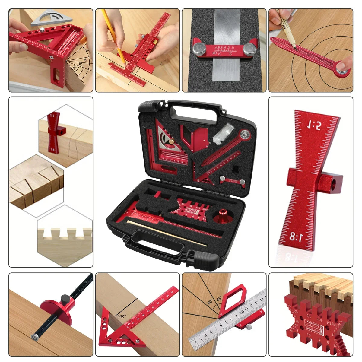 10pcs Woodworking Square Kit with Box, Aluminum Scribeing Ruler,Center Finder,Circular Drawing Compass,Honing Guide,Height Gauge
