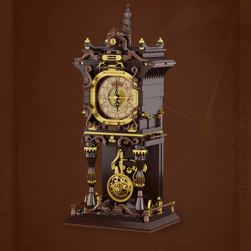 Steampunk Style Mechanical Clock Building Blocks Brown Gold Gear Model Detailed Roman Numerals DIY Toy Collectible Ornament Gift