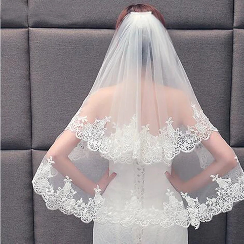 Two Layers Lace Applique Edge Bridal Veil with Comb Women Wedding Accessories White Ivory