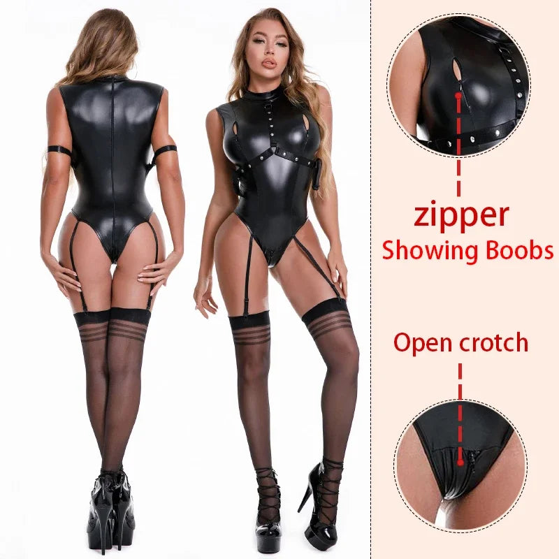 L-5XL Sexy wetlook Faux Leather Catsuit PVC Latex Bodysuit Bust Open Crotch Dance Fetish Sexy Lingerie Including Stocking