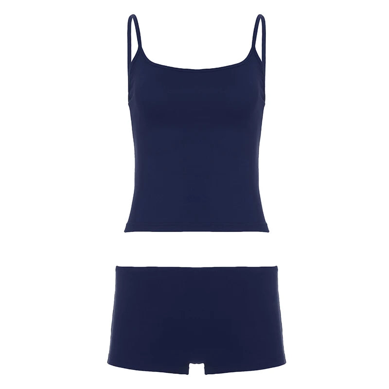 RUKEQT Women's Solid-Color Backless Sleeveless Loungewear 2-piece Set Vacation Spaghetti Strap Tank Top & Low-Rise Shorts Summer