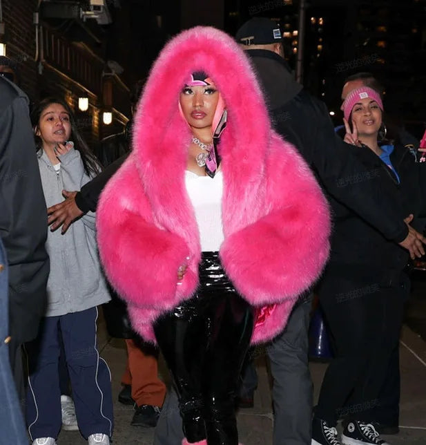 Solid Color Hooded Imitation Fur Coat Europe and The United States Imitation Eye-catching Enthusiasm Warm Comfortable Fashion