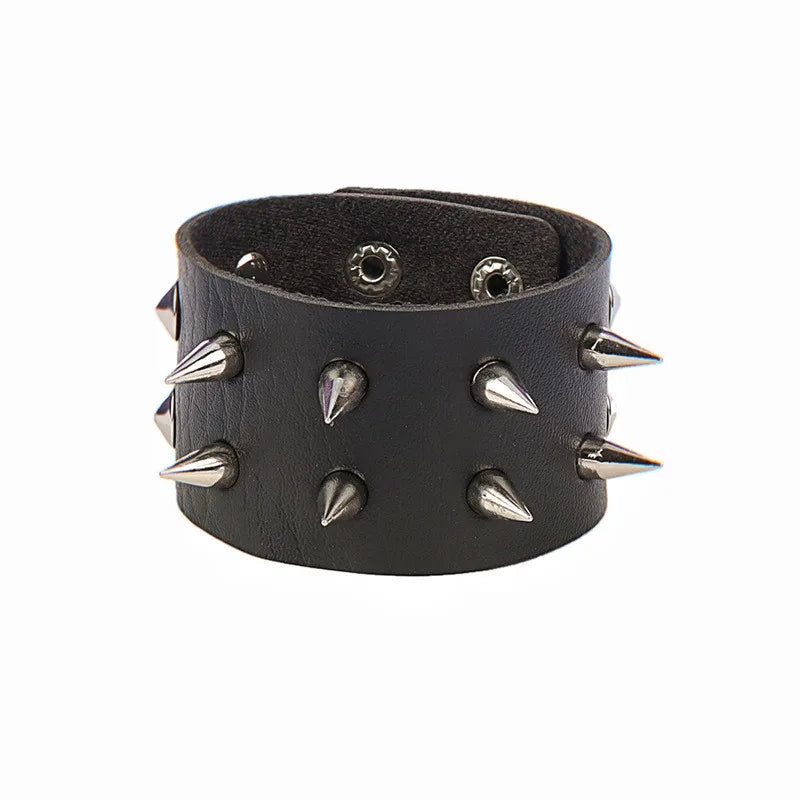 Punk Fashion Men Black Cuff Leather Bracelet Wristband Metal Rivets Stud Charm 80s Wrap Bangle for Women Rock Gothic Jewelry