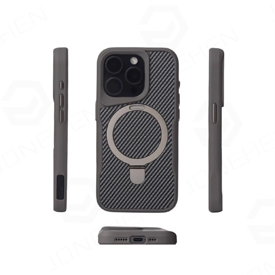 Luxury For Magsafe Shockproof Frame Armor Case For iPhone 13 15 12 14 16 17 18 Pro Max Metal Bracket Carbon Fiber Pattern Cover
