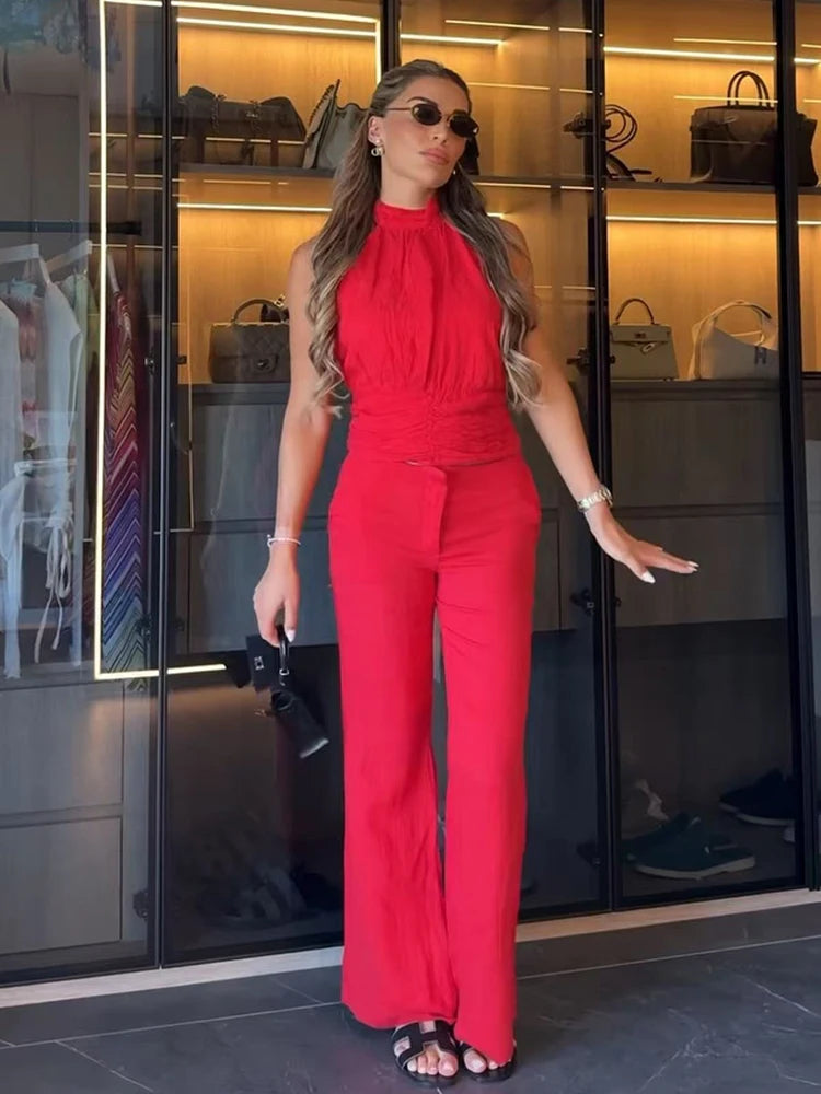 TFMLN Women's Red Ruffled Top Set Halter Crop Backless Sleeveless Top Chic High Waist Straight Trousers Outfit Fashion Sexy