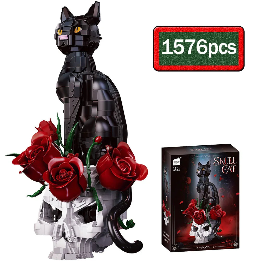1576Pcs MOC Rose Skull Black Cat Building Blocks City DIY Assembly Dark Gothic Desktop Ornament Brick Educational Toys DIY Gifts