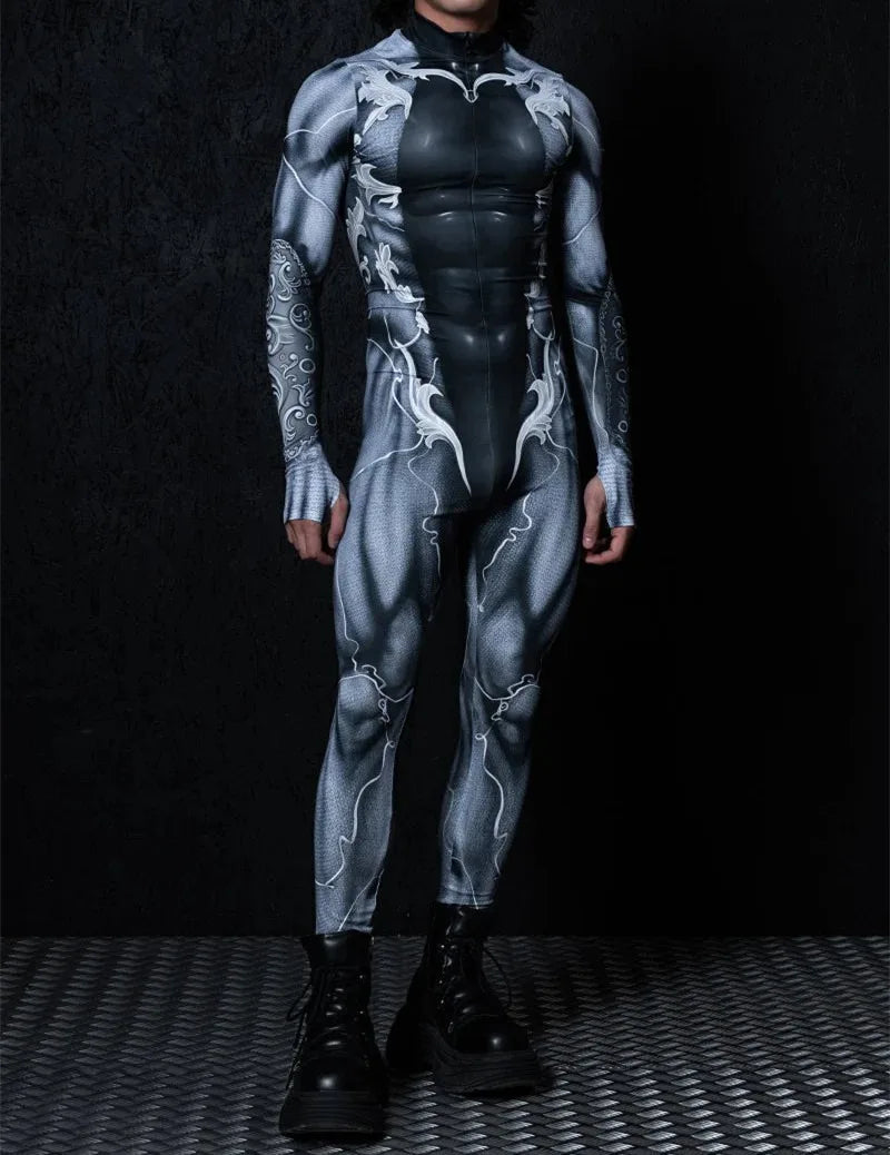 Mechanical Muscle Zentai Suit Men Halloween Bodysuit Punk Cyberpunk Adult Cosplay Costume Bodysuit Jumpsuit Party Macho Costume