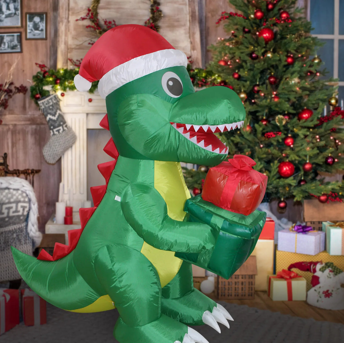 1.5m Christmas Inflatable Dino Giftbox LED Lighted Blow Up Outdoor Yard Lawn Decoration for Home Garden Winter Holiday Party