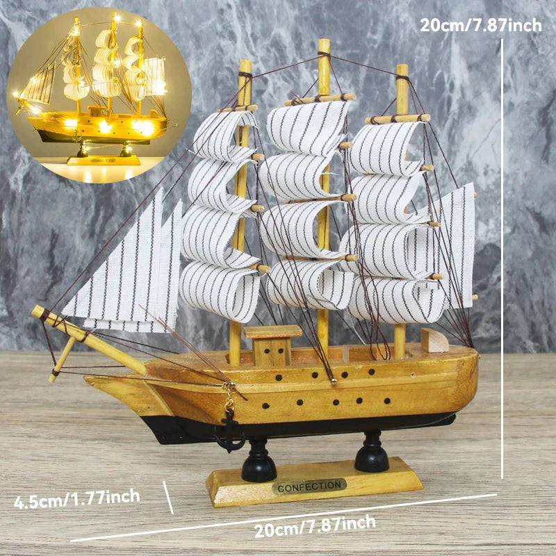 Creative Wooden LED Sailboat Sailing Boat Vessel Model Home Decor Mediterranean Style Home Decoration Decor Accessories Gift