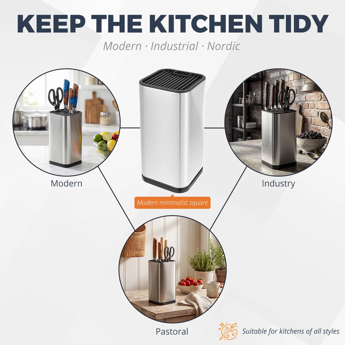 Stainless Steel Standing Knife Holder Metal Kitchen Storage Rack with Slots and Detachable Base Countertop Scissors Organizer