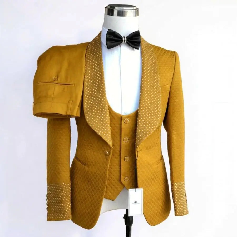 Plaid Men Suits 3 Pieces Luxury Beaded Wedding Tuxedo Slim Fit Groom Prom Party Blazer Vest Pants Set for Men 2026 New Arrival