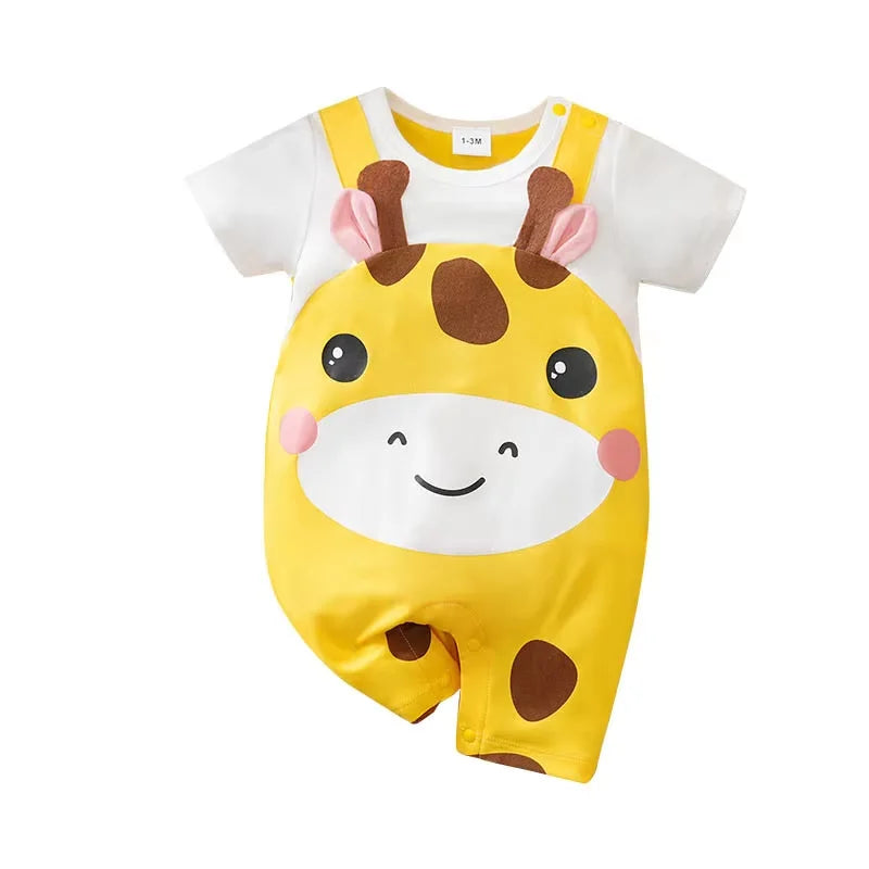 Newborn Baby Unisex Summer Cow Horn Fake Suspender Short Sleeve Spandex Stretch Wrinkle‑Resistant Daily Photo Jumpsuit 0‑18M