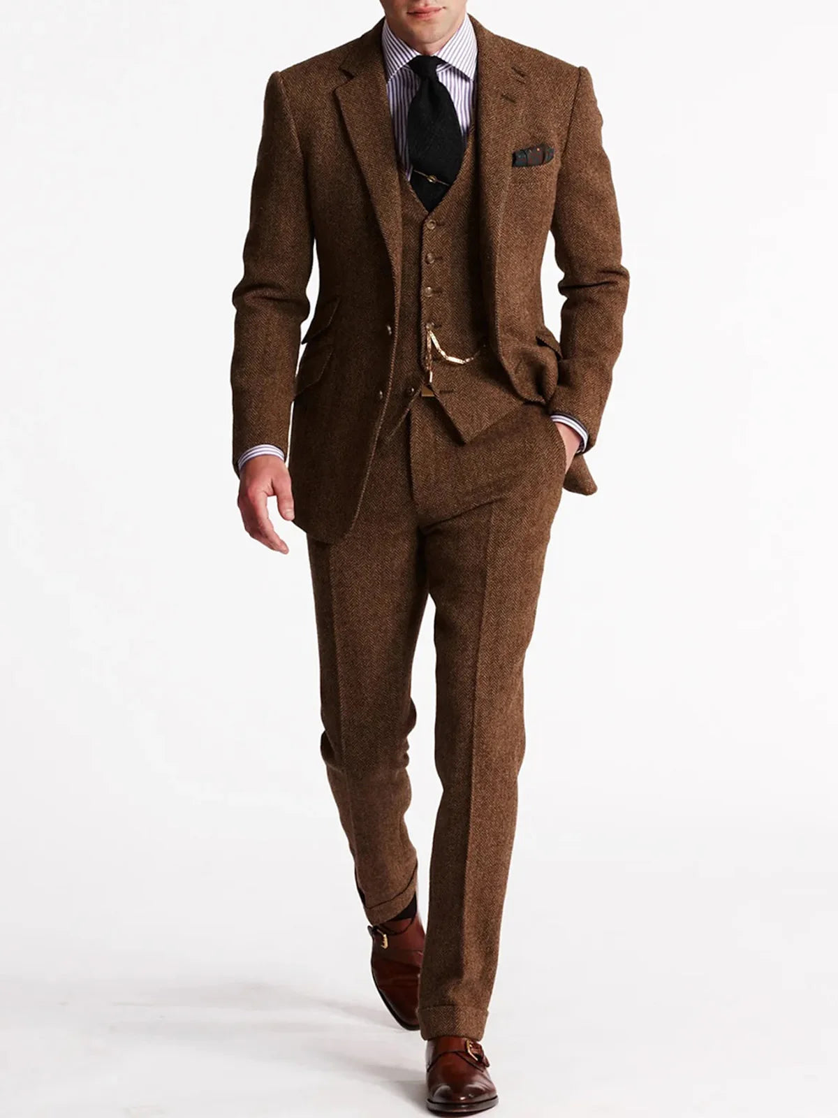  Herringbone Tweed Suits for Men 3 Piece Set Double-Breasted Slim Fit Tuxedo Size Man Suit Set Custom Made Men Fashion Suits
