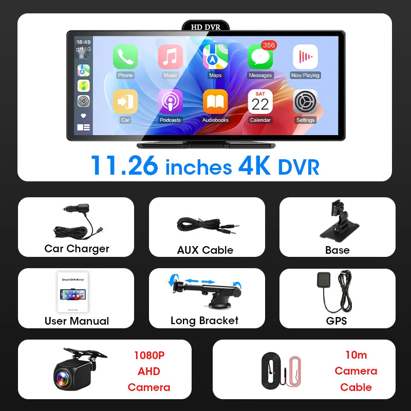 11.26/10.26 inch Dashcam Carplay Android Auto GPS Navigation WiFi Dashboard Car Rearview Camera Video Recording Universal Screen