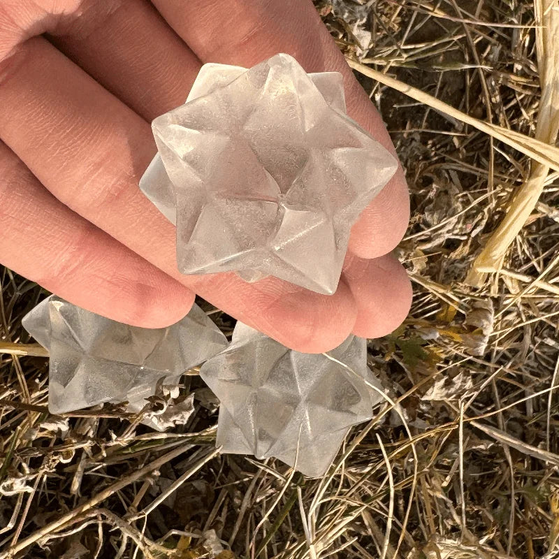 One high-quality white crystal Merkabah - hand-polished geometric mineral specimen, a spiritual meditation altar decoration