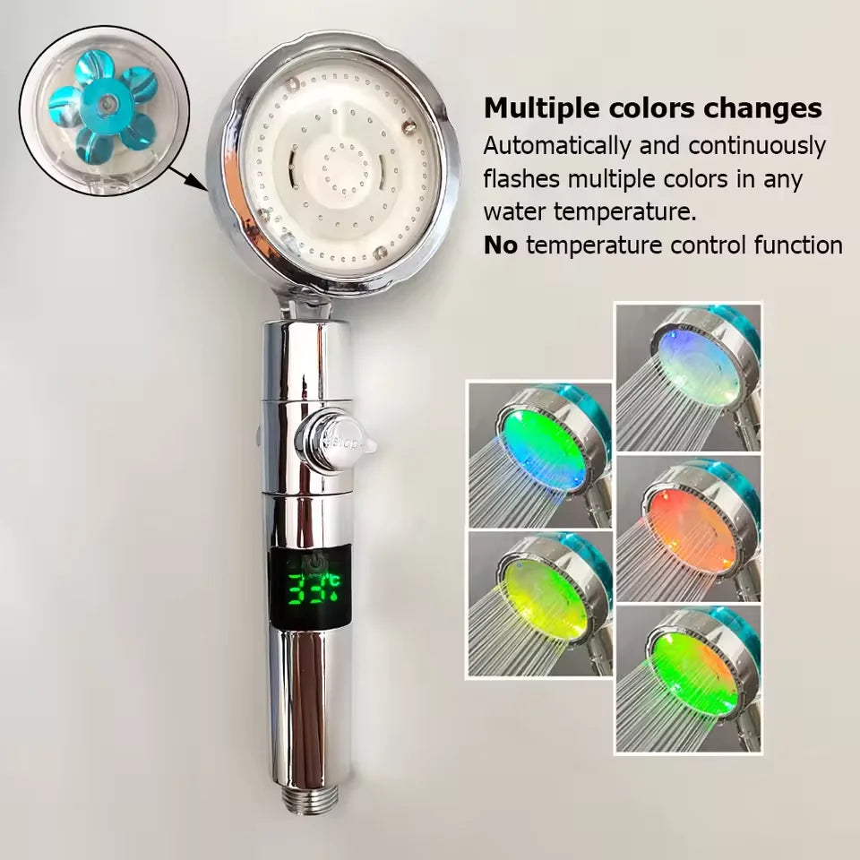 LED Digital Temperature Display Shower Head Temperature Control Colorful Fan Spray Nozzle High Pressure Rainfall Bathroom Shower