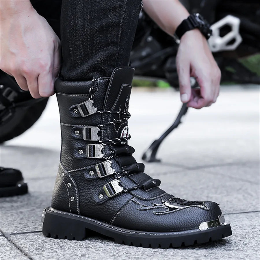 High Quality Men's Boots Fashion Punk Rock Style Motorcycle Boots Luxury Mid-Calf Leather Boot Mens Knight Boots Botas Masculino