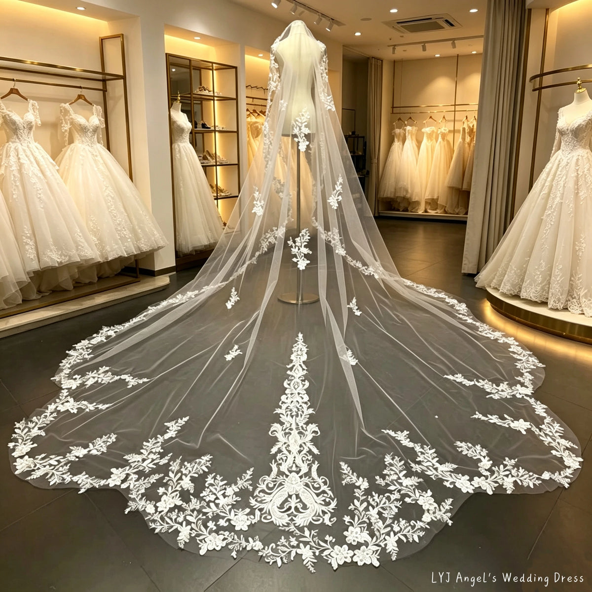 Cathedral Wedding Veil 350CM Long Lace Applique Bridal Veil With Comb Ivory Tulle 1 Tier Wedding Accessories