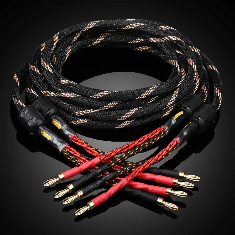 One Pair HiFi Speaker Cable High Purity 6N OFC Core with Banana and Y 24K Gold Plug Hifi Horn Cable for Amplifier Speaker