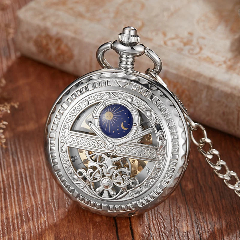 Vintage Gold Skeleton Mechanical Pocket Watch Engraved Star Moon Case Hollow Dial Hand Wind Fob Watch with Chain for Men Women