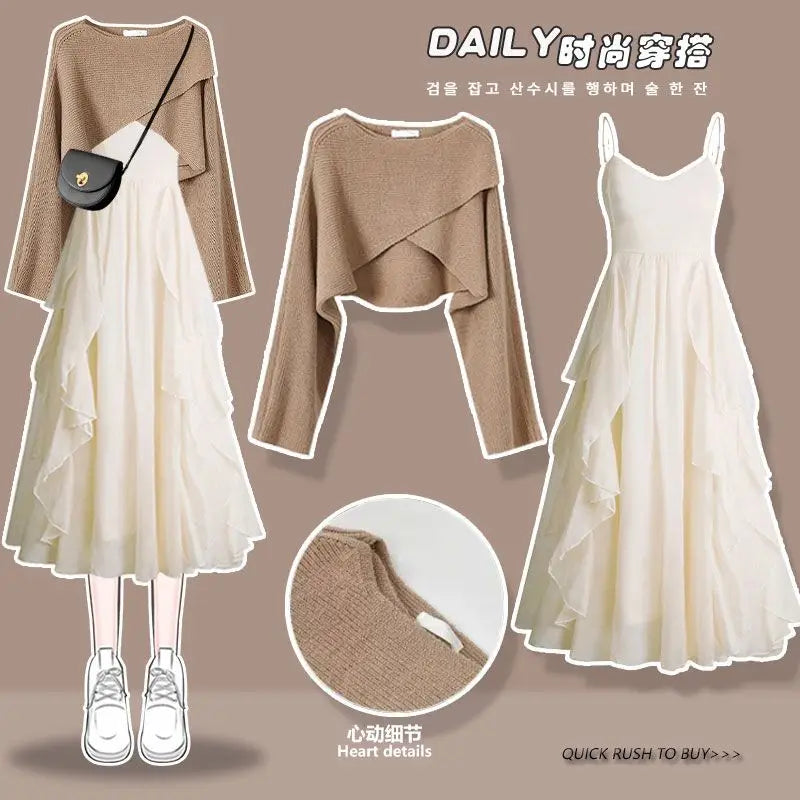 2026 Women's Spring Autumn New Dress Matching Set Female Elegant Short Knitted Sweater+Irregular Sexy Strap Skirt Two Piece Suit